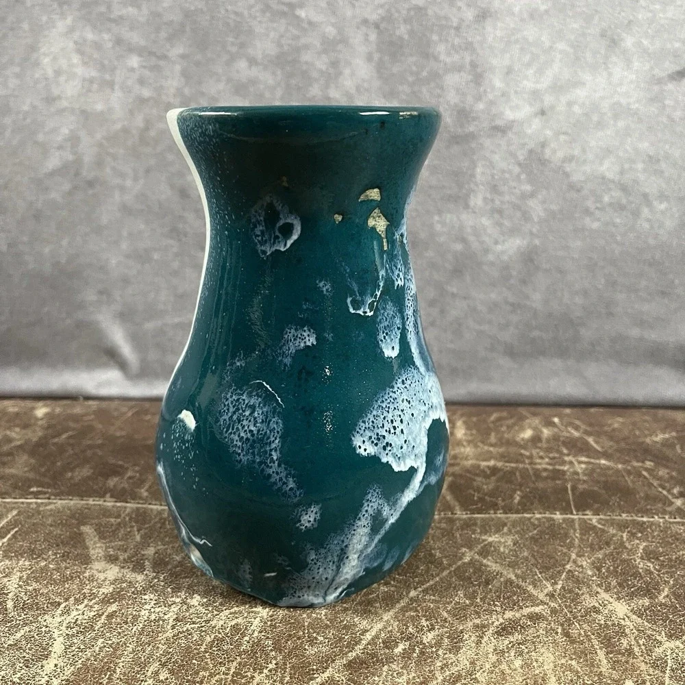 AMD Artisan Pottery Vase Small Teal Blue White Drip Glaze Coastal Decor Coastal